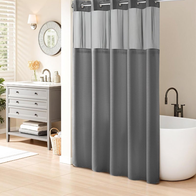 River Dream Heavyweight Grey No Hooks Required Dotted Waffle Weave Shower Curtain with Snap in Liner - 71W x 74H,Hotel Grade,Spa Like Bath Curtain,Gray - Image 1